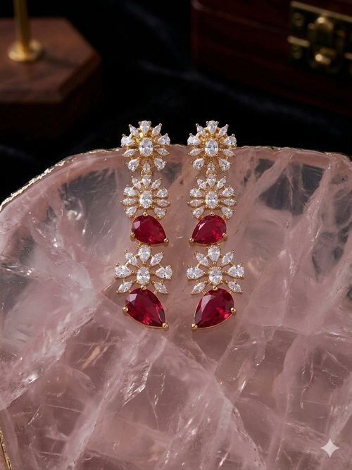 Asymmetrical Stone and Diamond Flower Earring