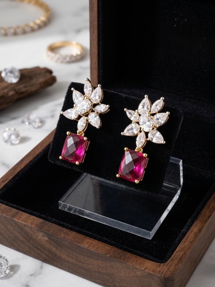 Floral Diamond Stone Drop Earring