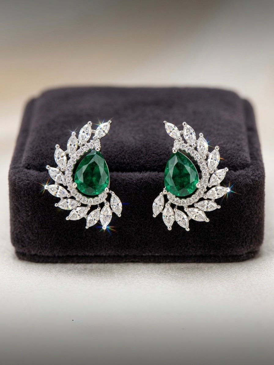 Diamond Leafy Emerald Earring